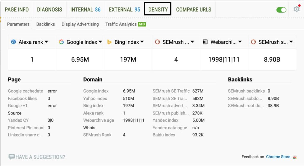 Checking Keyword Density with SEOquake Chrome extension