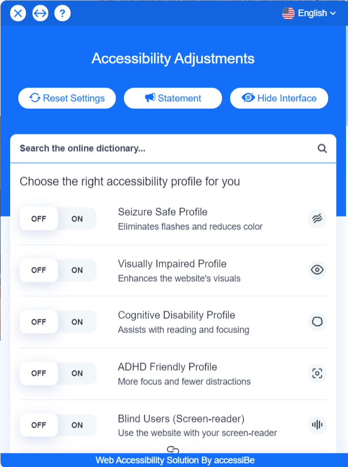 AccessiBe web accessibility features screenshot
